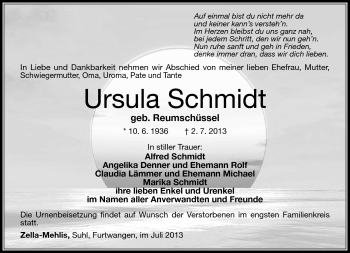 Traueranzeige von Ursula Schmidt von Südthüringer Presse