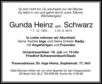 Traueranzeige von Gunda Heinz von Frankenpost
