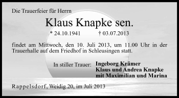 Traueranzeige von Klaus Knapke sen. von Neue Presse Coburg