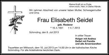 Traueranzeige von Elisabeth Seidel von Frankenpost