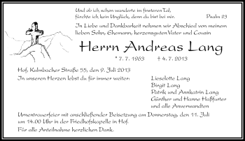 Traueranzeige von Andreas Lang von Frankenpost
