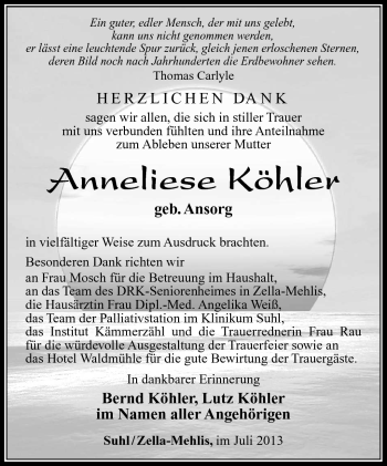 Traueranzeige von Anneliese Köhler von Südthüringer Presse