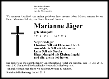 Traueranzeige von Marianne Jäger von Südthüringer Presse