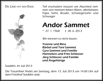 Traueranzeige von Andor Sammet von Südthüringer Presse