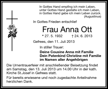 Traueranzeige von Anna Ott von Frankenpost