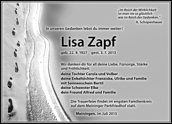 Traueranzeige von Lisa Zapf von Südthüringer Presse