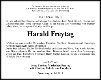 Traueranzeige von Harald Freytag von Südthüringer Presse