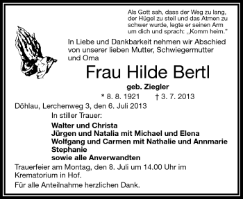 Traueranzeige von Hilde Bertl von Frankenpost