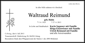 Traueranzeige von Waltraud Reimund von Neue Presse Coburg