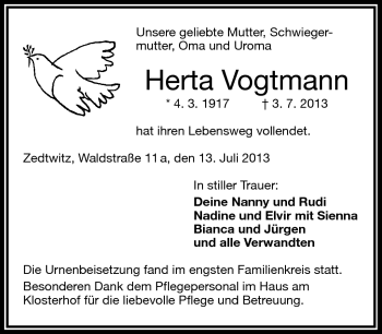 Traueranzeige von Herta Vogtmann von Frankenpost