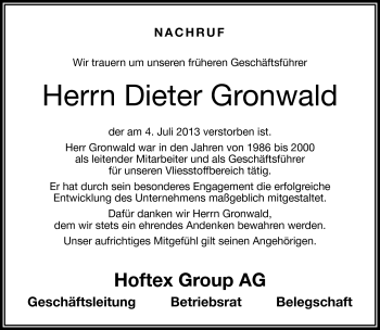 Traueranzeige von Dieter Gronwald von Frankenpost