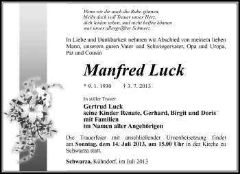 Traueranzeige von Manfred Luck von Südthüringer Presse