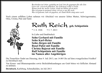 Traueranzeige von Ruth Reich von Südthüringer Presse