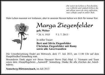 Traueranzeige von Marga Ziegenfelder von Südthüringer Presse