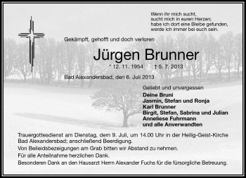 Traueranzeige von Jürgen Brunner von Frankenpost