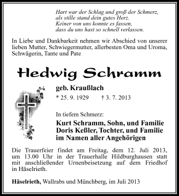 Traueranzeige von Hedwig Schramm von Südthüringer Presse