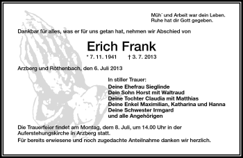 Traueranzeige von Erich Frank von Frankenpost