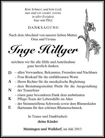 Traueranzeige von Inge Hillger von Südthüringer Presse