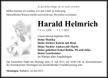 Traueranzeige von Harald Helmrich von Südthüringer Presse
