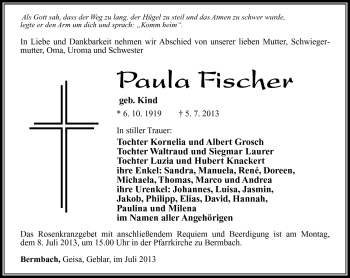 Traueranzeige von Paula Fischer von Südthüringer Presse