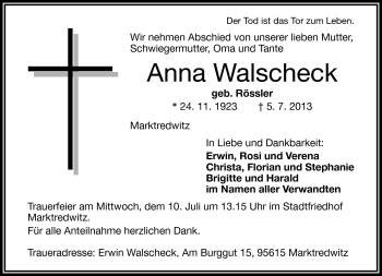 Traueranzeige von Anna Walscheck von Frankenpost