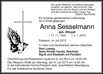 Traueranzeige von Anna Sesselmann von Frankenpost