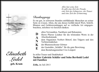 Traueranzeige von Elisabeth Ledel von Südthüringer Presse