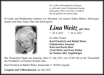Traueranzeige von Lina Weitz von Südthüringer Presse