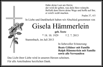 Traueranzeige von Gisela Hämmerlein von Frankenpost