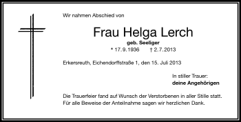 Traueranzeige von Helge Lerch von Frankenpost