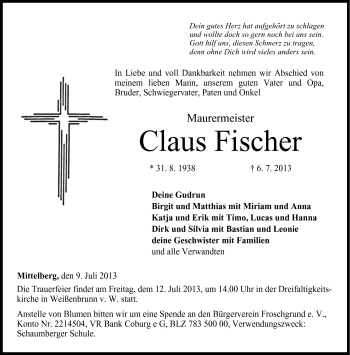 Traueranzeige von Claus Fischer von Neue Presse Coburg