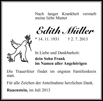 Traueranzeige von Edith Müller von Südthüringer Presse