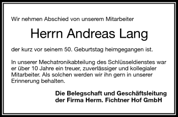 Traueranzeige von Andreas Lang von Frankenpost