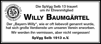 Traueranzeige von Willy Baumgärtel von Frankenpost