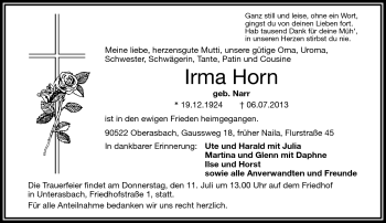 Traueranzeige von Irma Horn von Frankenpost