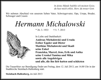 Traueranzeige von Hermann Michalowski von Südthüringer Presse