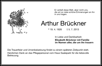 Traueranzeige von Arthur Brückner von Frankenpost
