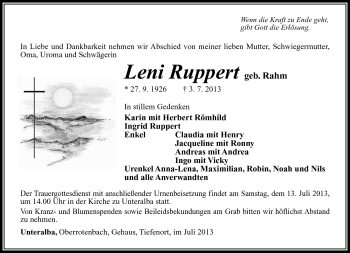 Traueranzeige von Leni Ruppert von Südthüringer Presse