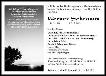 Traueranzeige von Werner Schramm von Südthüringer Presse