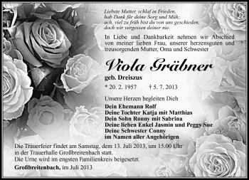 Traueranzeige von Viola Gräbner von Südthüringer Presse