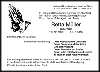 Traueranzeige von Retta Müller von Frankenpost