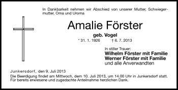 Traueranzeige von Amalie Förster von Neue Presse Coburg