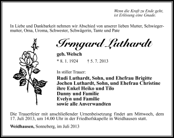 Traueranzeige von Irmgard Luthardt von Südthüringer Presse