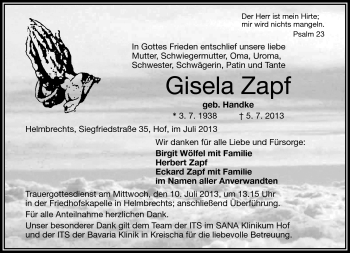 Traueranzeige von Gisela Zapf von Frankenpost