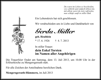 Traueranzeige von Gerda Müller von Südthüringer Presse