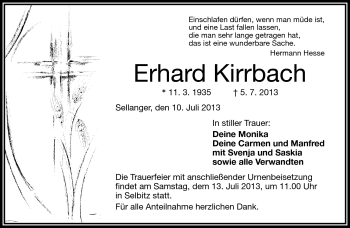 Traueranzeige von Erhard Kirrbach von Frankenpost