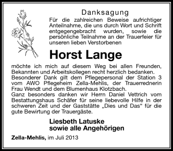 Traueranzeige von Horst Lange von Südthüringer Presse