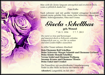 Traueranzeige von Gisela Schellhas von Südthüringer Presse