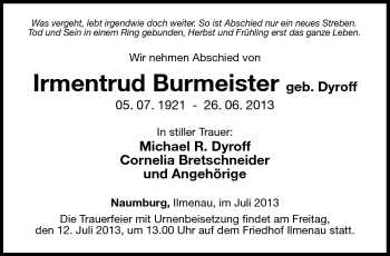 Traueranzeige von Irmentrud Burmeister von Südthüringer Presse