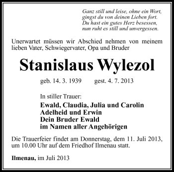 Traueranzeige von Stanislaus Wylezol von Südthüringer Presse